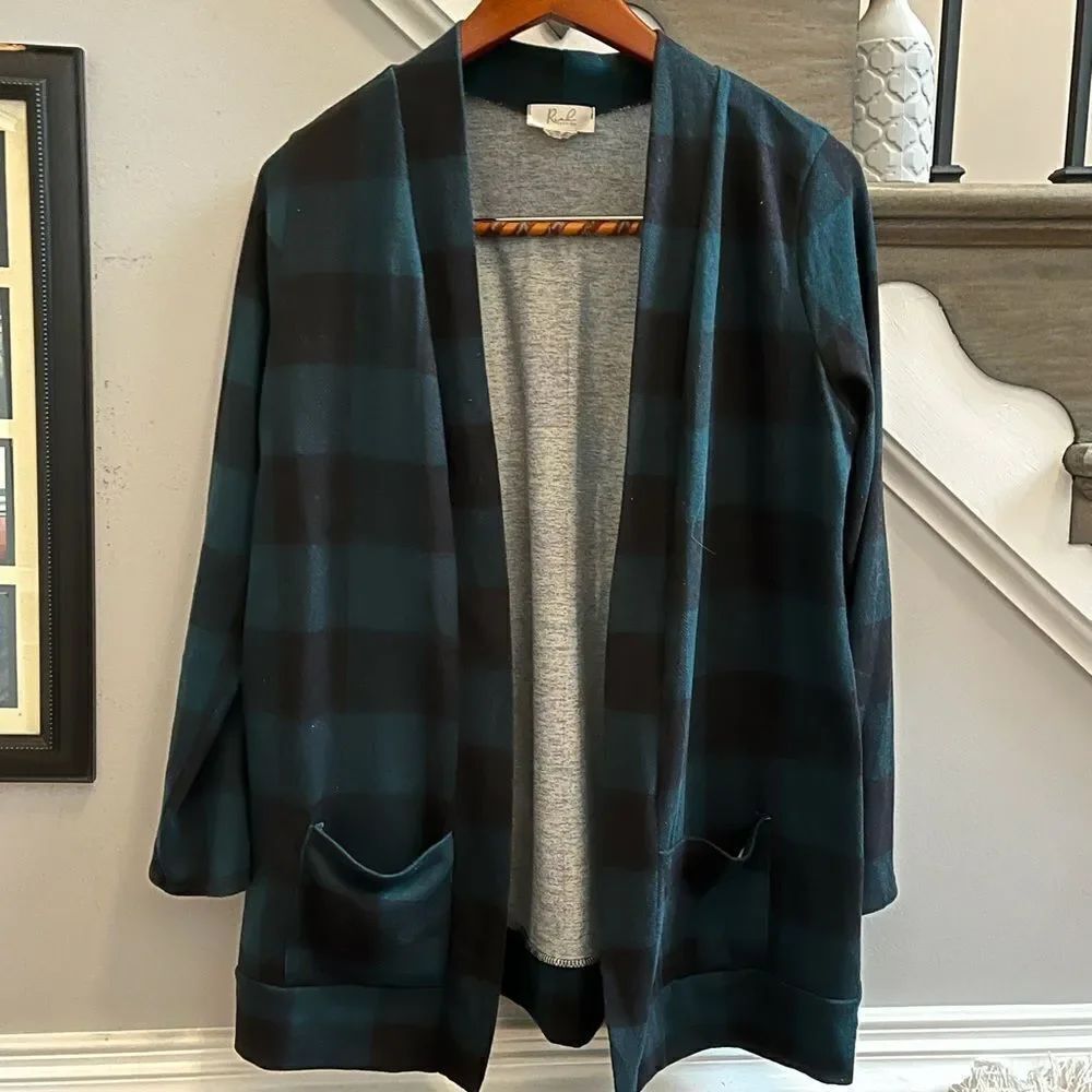 Riahn Fashion Green & Black Open Front Pocket Cardigan sz L